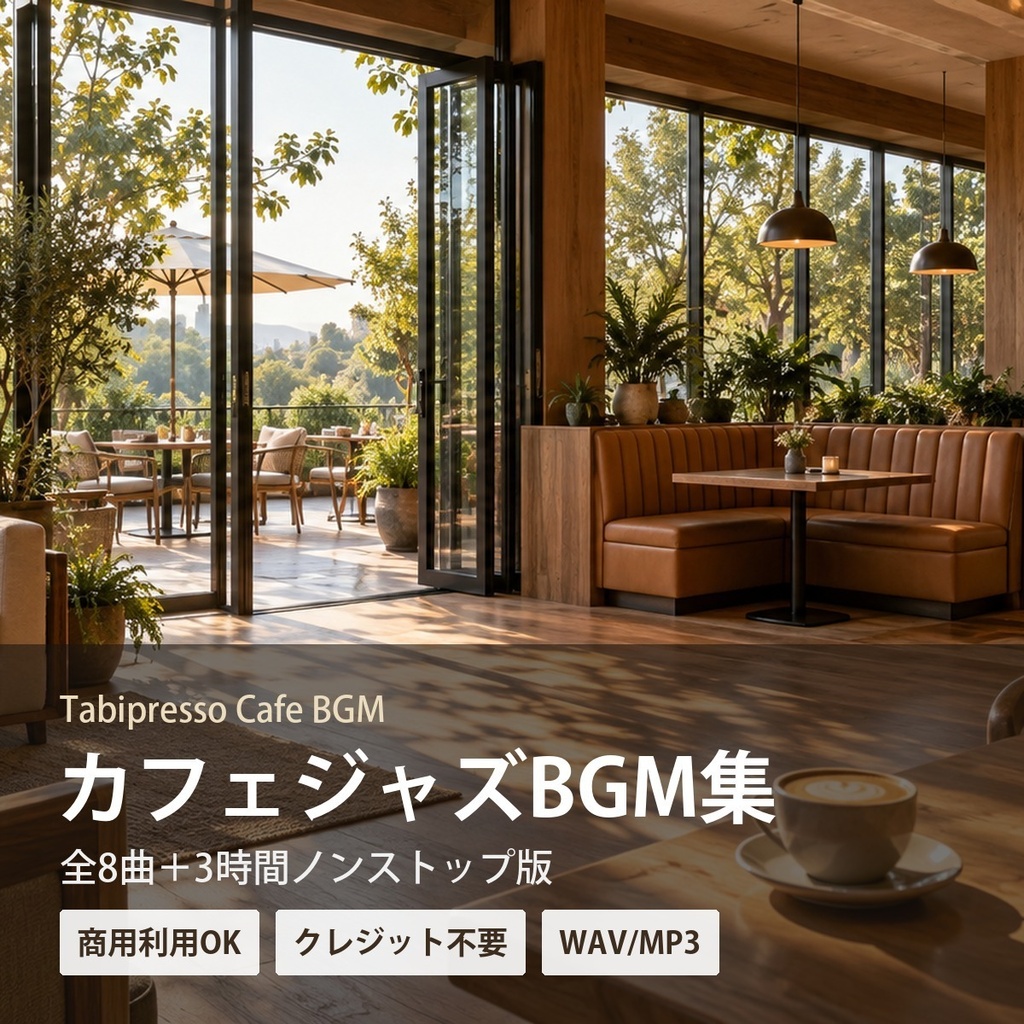 【作業用BGM】Tabipresso Cafe BGM カフェジャズBGM集|全8曲+3時間ノンストップ版|商用利用OK・クレジット不要