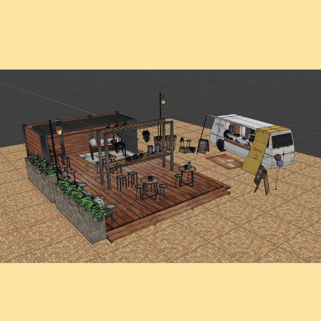 BusCafeセット|カフェスペース・車周辺収録3Dモデル