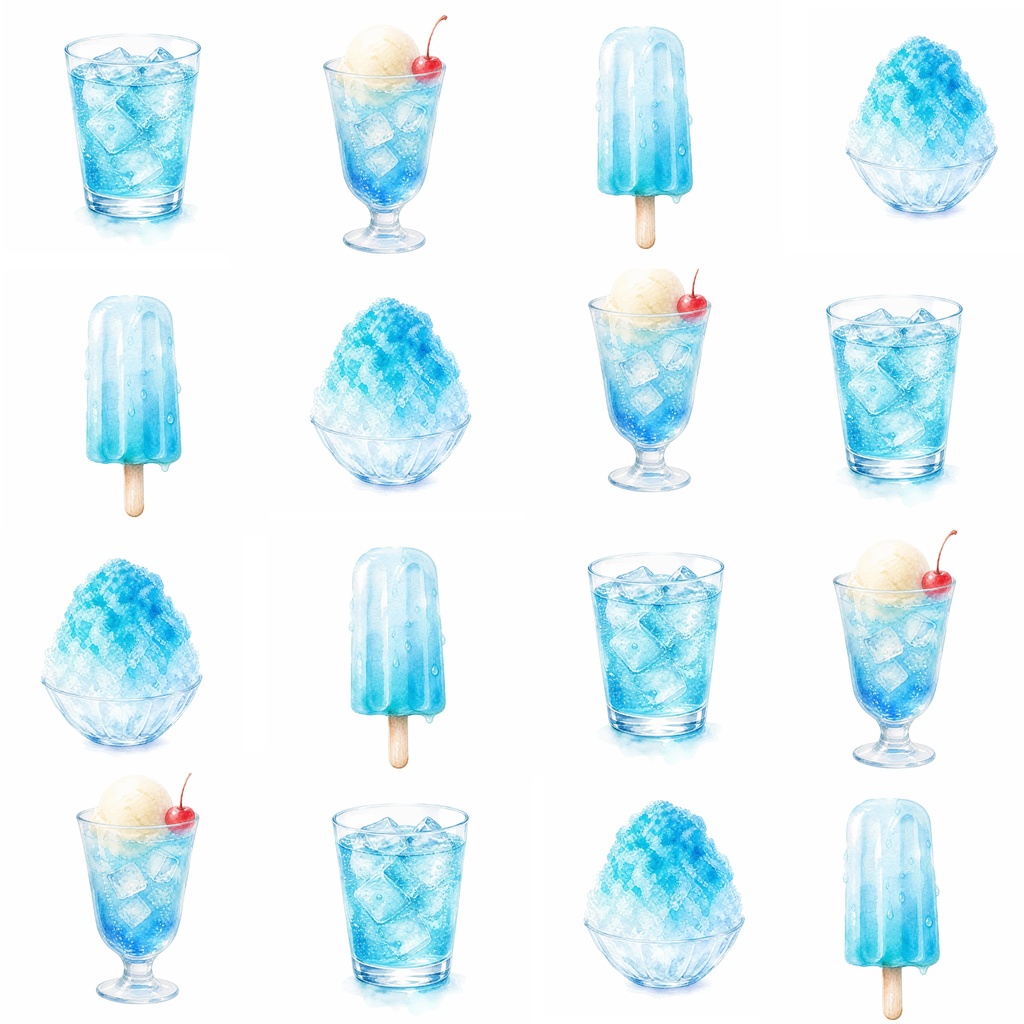 【水彩素材】夏の青いドリンク＆スイーツ｜かき氷・ソーダ・アイス