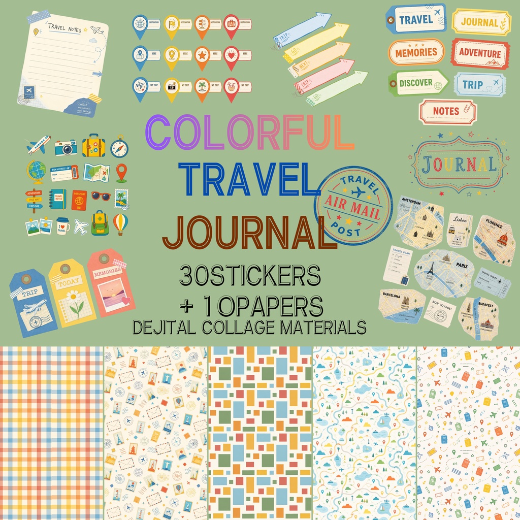 COLORFUL TRAVEL JOURNAL|デジタルステッカー30種+ペーパー10種|デジタルコラージュ素材