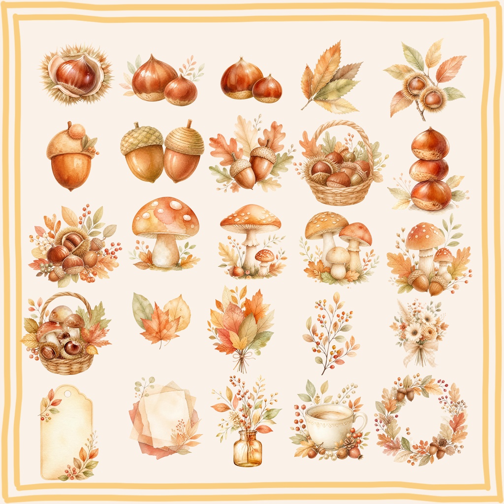 SHEER NUANCE COLLECTION|AUTUMN FOREST 木の実と秋の森 デジタルペーパー20枚&ステッカー25種セット