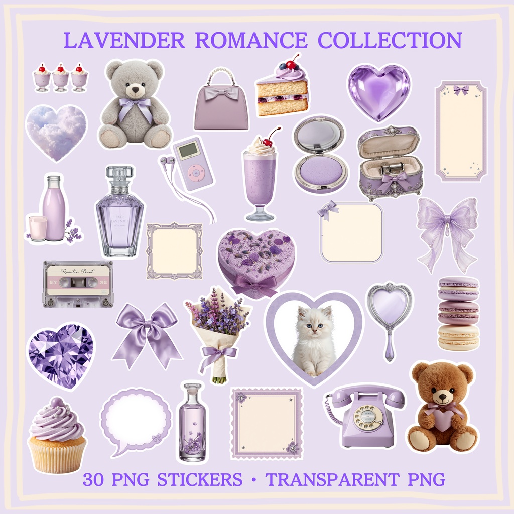 LAVENDER ROMANCE COLLECTION｜ラベンダー×レトロガーリー デジタルステッカー30種類【PNG素材】