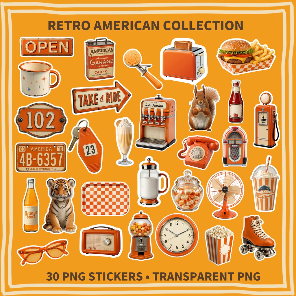 RETRO AMERICAN COLLECTION｜アメリカンレトロ デジタルステッカー素材 30種類｜ヴィンテージ雑貨・オレンジ系｜PNG素材