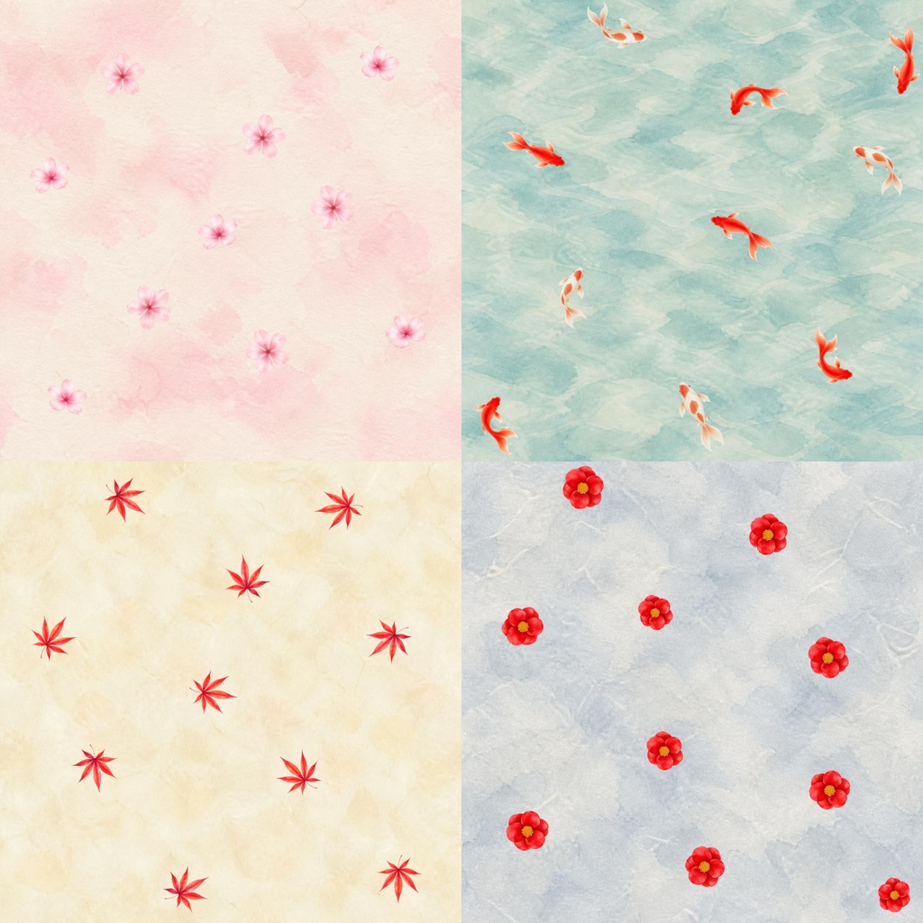和柄デジタルペーパー 全16種|日本の四季・水彩風背景素材|桜・金魚・紅葉・椿
