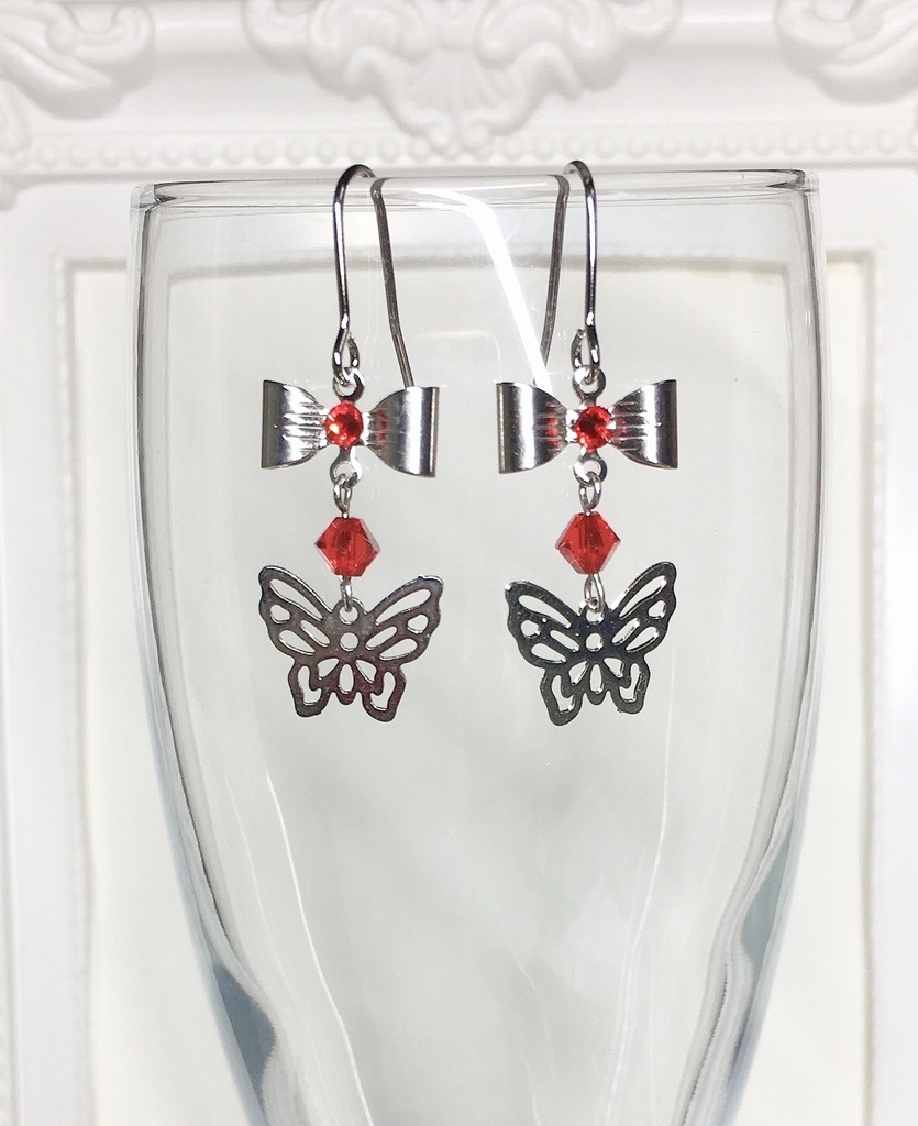 リボンと蝶のピアス(銀赤)