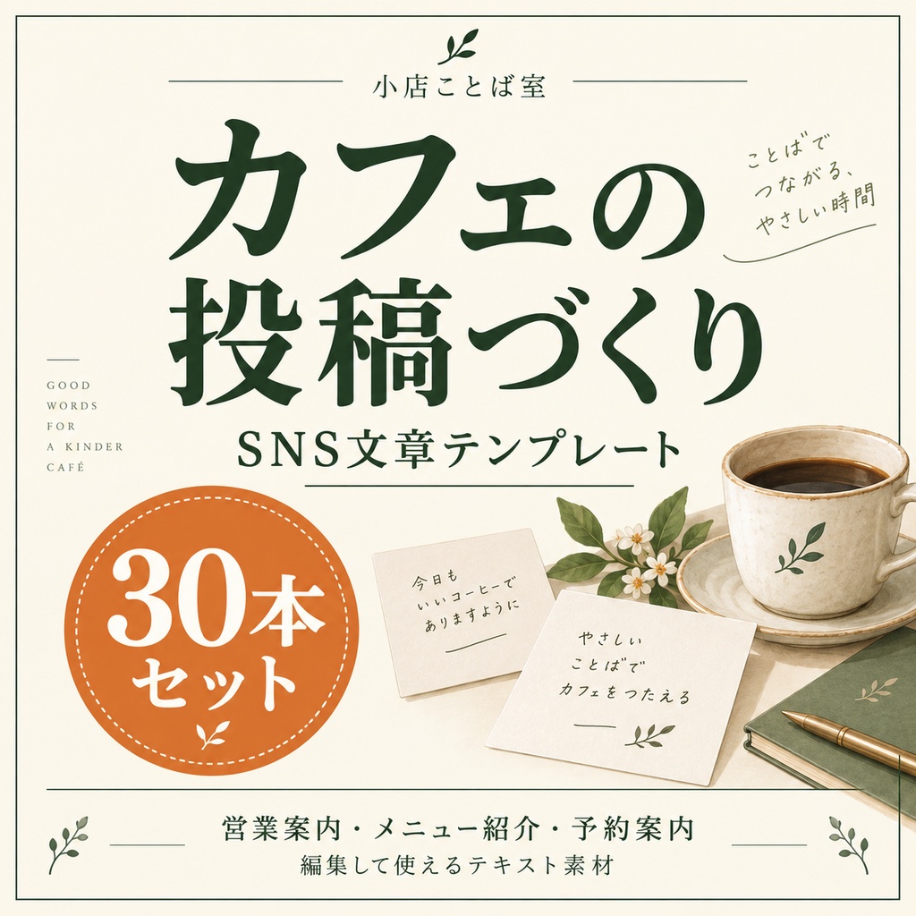 カフェの投稿づくり｜SNS文章テンプレート30本セット