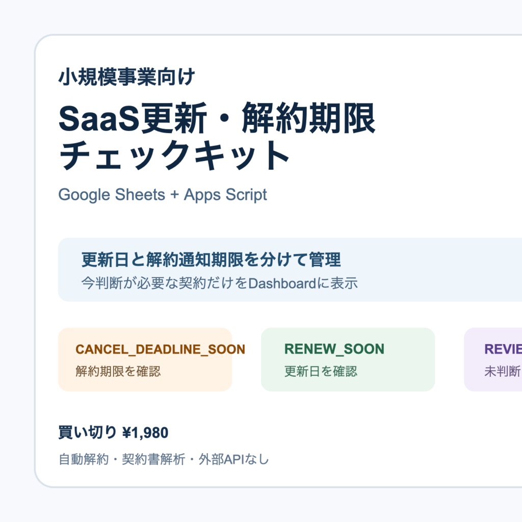 SaaS更新・解約期限チェックキット｜Google Sheets + Apps Script