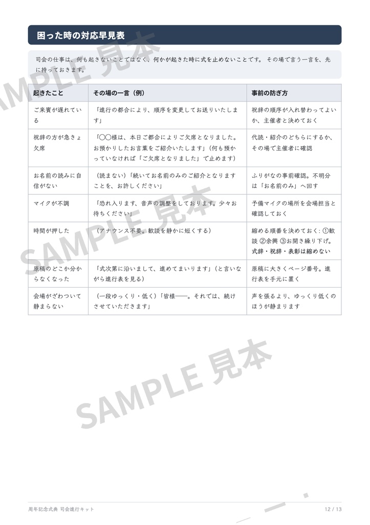 周年記念式典 司会進行キット|差し替えるだけで読める台本PDF13ページ+自動計算の進行表Excel