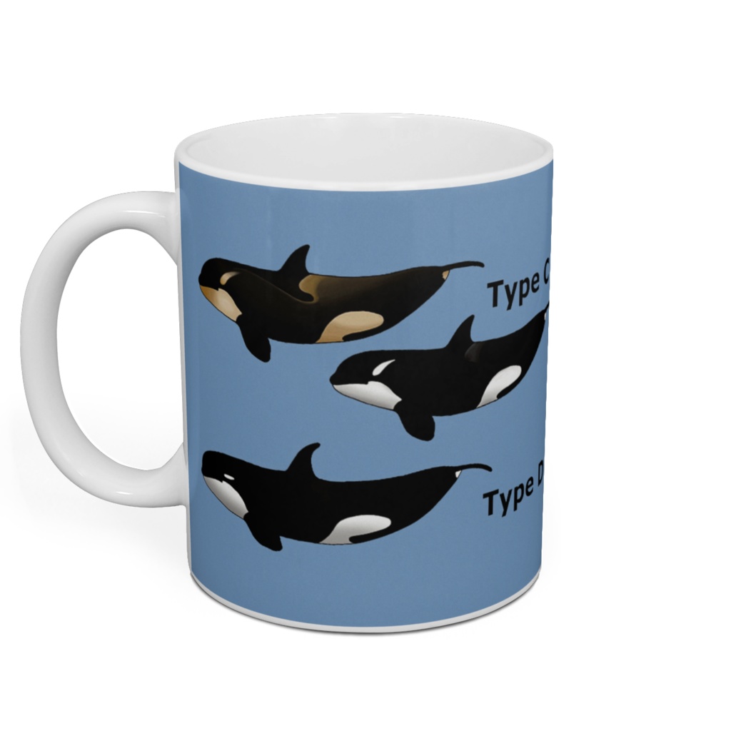 4タイプのシャチのイラストのマグカップ(薄いブルー地)
