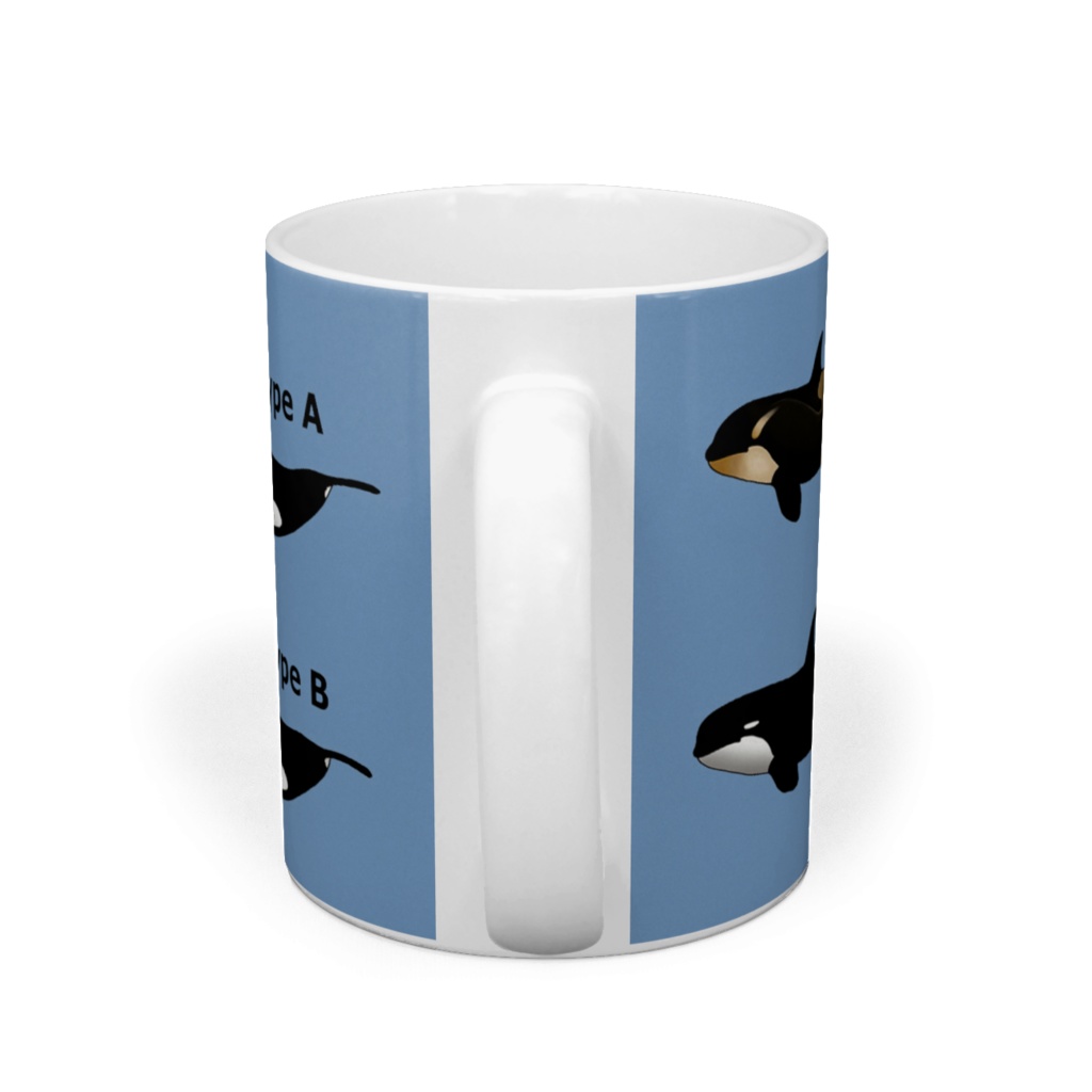 4タイプのシャチのイラストのマグカップ(薄いブルー地)