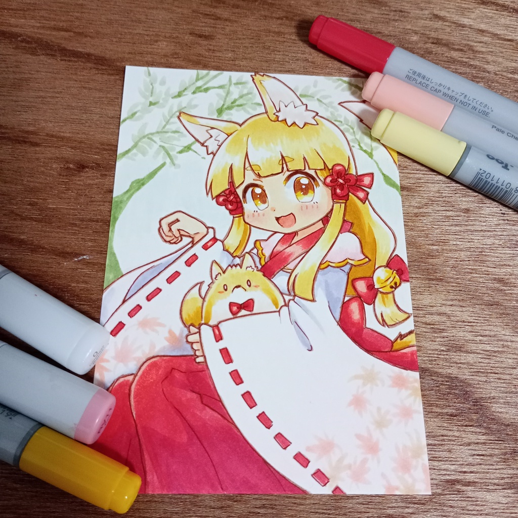 オリジナル手描きイラスト☆冬の狐巫女さん☆色紙