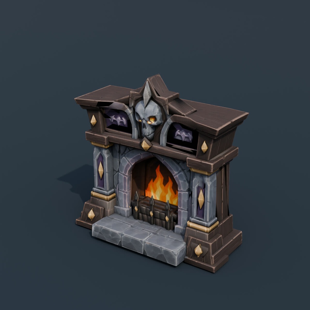 Stylized Low-Poly Skull Fireplace | Blender | ハロウィン3Dモデル