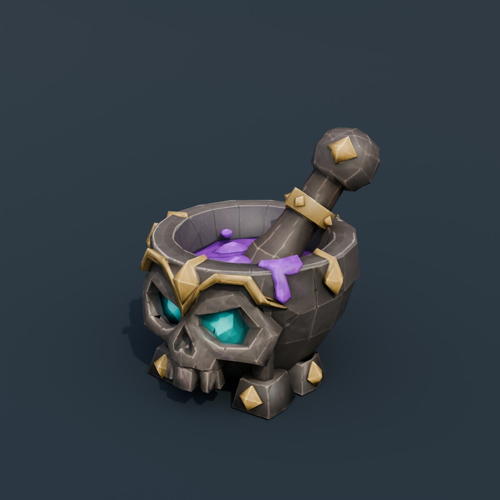 Stylized Low-Poly Skull Mortar and Pestle | Blender | ハロウィン3Dモデル