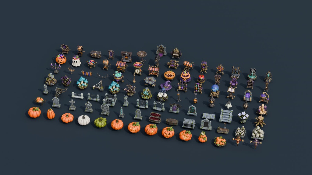 Stylized Halloween Mega Bundle - 100 Game-Ready Props | Blender | ハロウィン3Dモデル