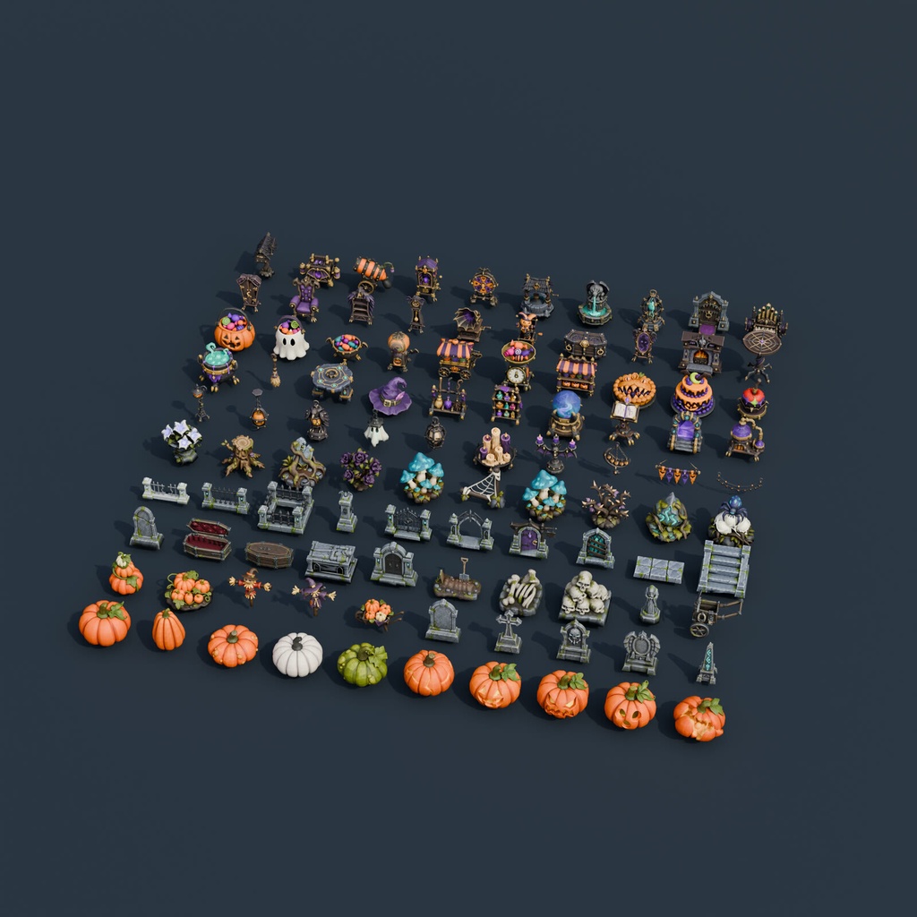 Stylized Halloween Mega Bundle - 100 Game-Ready Props | Blender | ハロウィン3Dモデル