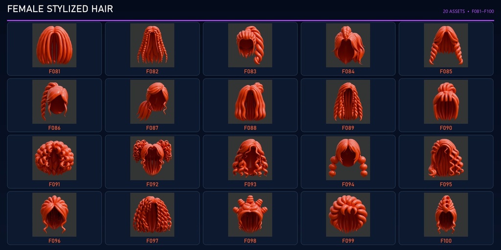 200 Stylized Hairstyles | 100 Male + 100 Female | Blender 髪型ライブラリ