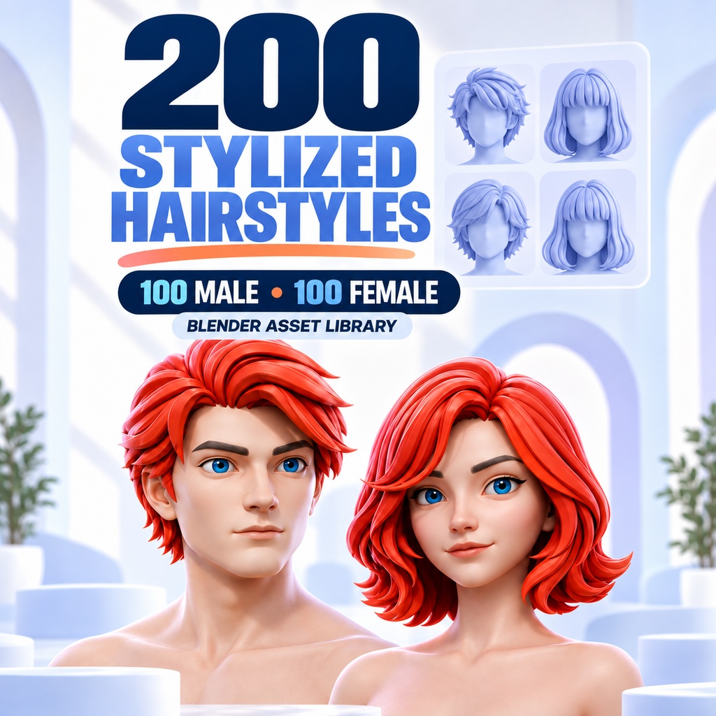 200 Stylized Hairstyles | 100 Male + 100 Female | Blender 髪型ライブラリ
