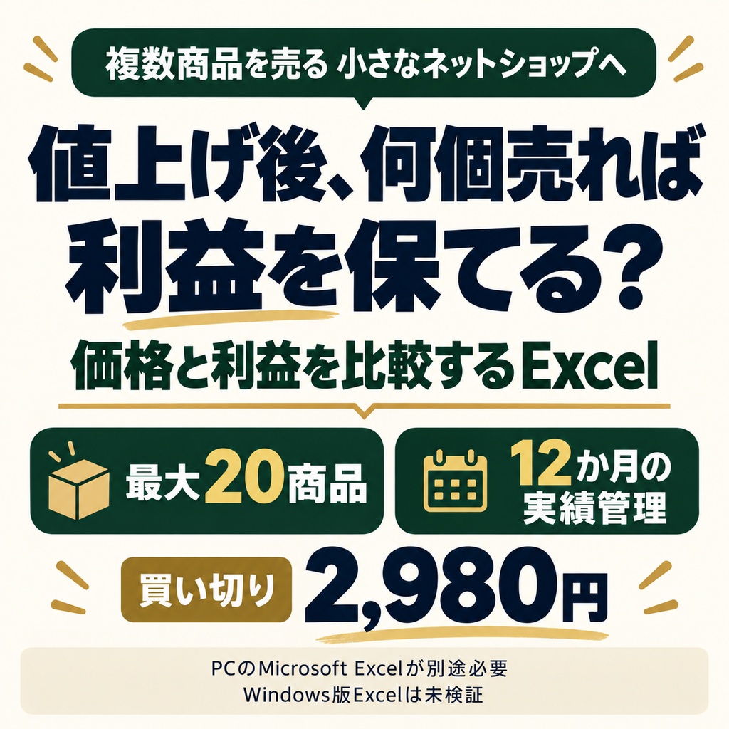 ネットショップの値上げ・利益比較Excel｜最大20商品・12か月の実績管理