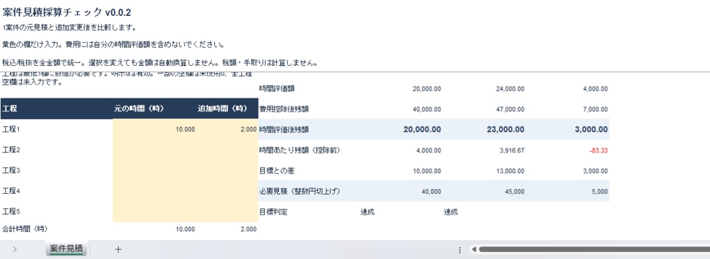 案件見積採算チェック|元の見積と追加変更後を比べるExcel