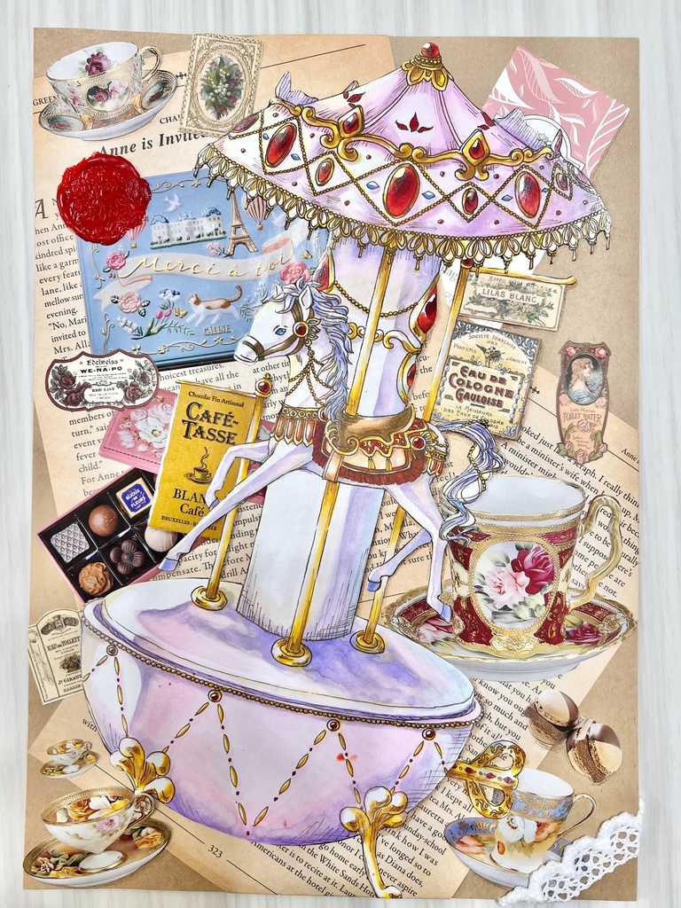 【原画】白馬のオルゴール(コラージュ作品)【A4】