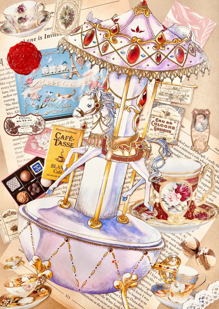 【原画】白馬のオルゴール(コラージュ作品)【A4】