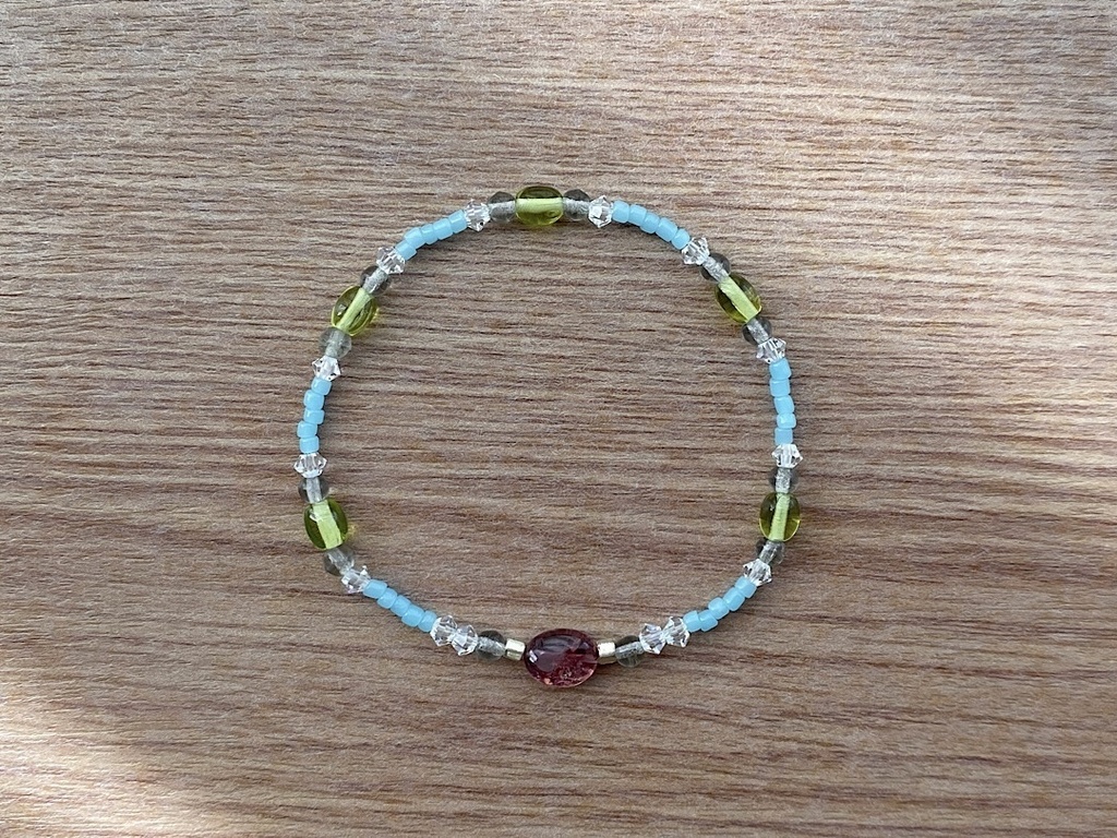 ビーズブレスレット No.126 トルマリン 天然石 ヴィンテージビーズ スカイブルー クリスタル