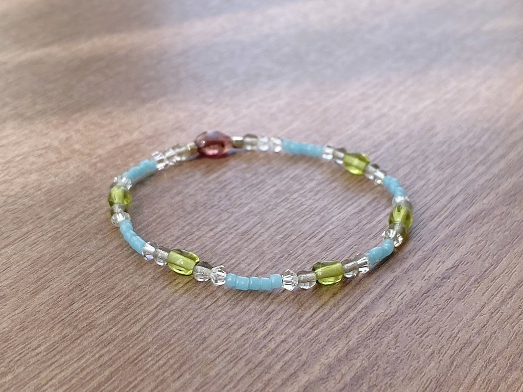 ビーズブレスレット No.126 トルマリン 天然石 ヴィンテージビーズ スカイブルー クリスタル