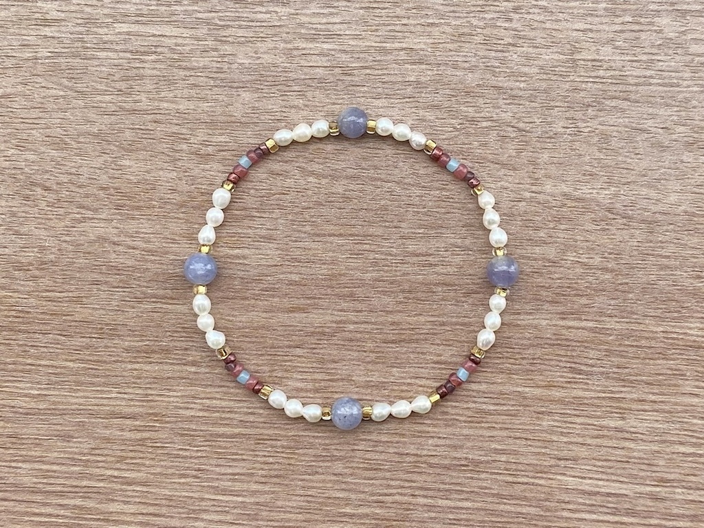 ビーズブレスレット No.130 タンザナイト 天然石 ブルーラベンダー パール ヴィンテージビーズ