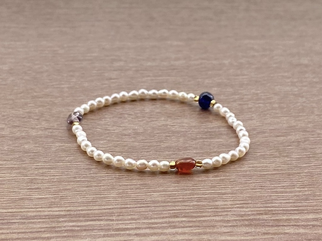 ビーズブレスレット No.132 ブルーサファイア トルマリン 天然石 パール ヴィンテージビーズ