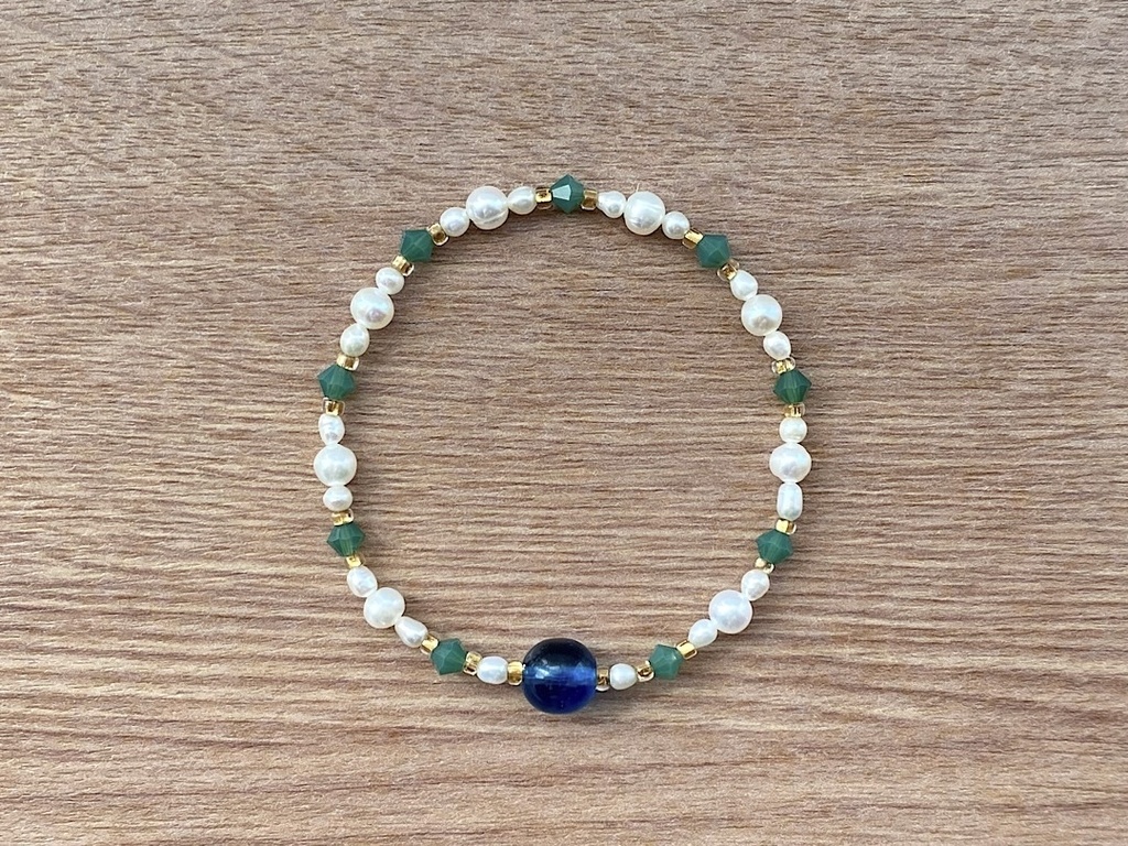 ビーズブレスレット No.134 ヴィンテージビーズ パシフィックブルー グリーン クリスタル パール