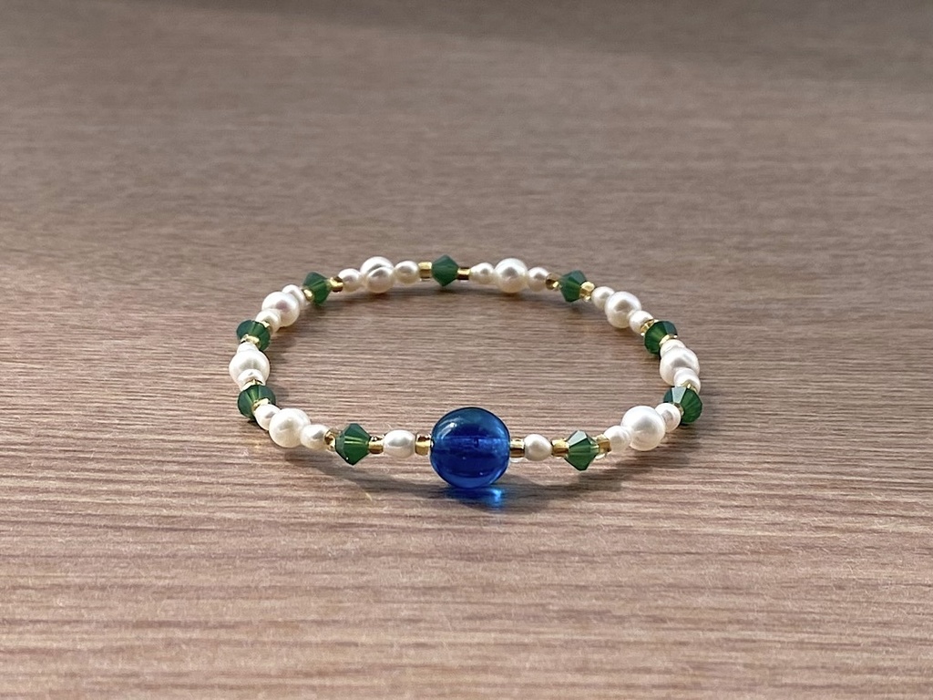 ビーズブレスレット No.134 ヴィンテージビーズ パシフィックブルー グリーン クリスタル パール