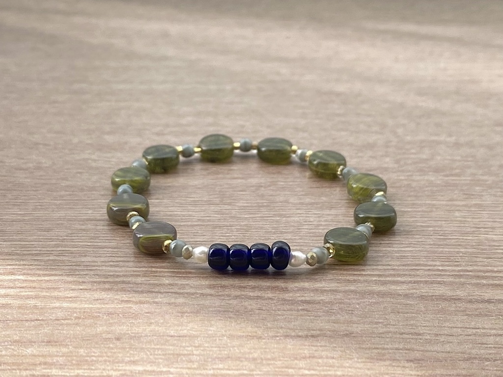 ビーズブレスレット No.137 グリーン ネイビーヴィンテージビーズ