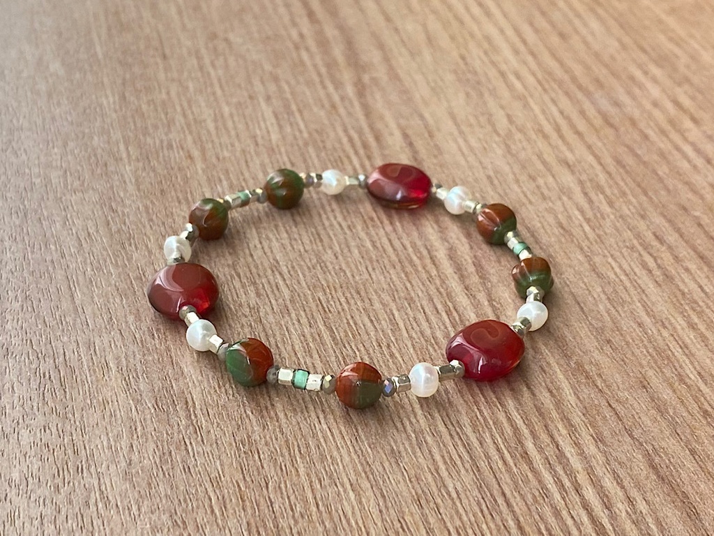 ビーズブレスレット No.138 レッドブラウン ヴィンテージビーズ シルバー パール オータムカラー