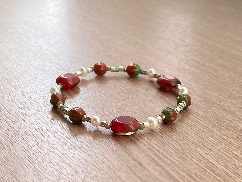 ビーズブレスレット No.138 レッドブラウン ヴィンテージビーズ シルバー パール オータムカラー