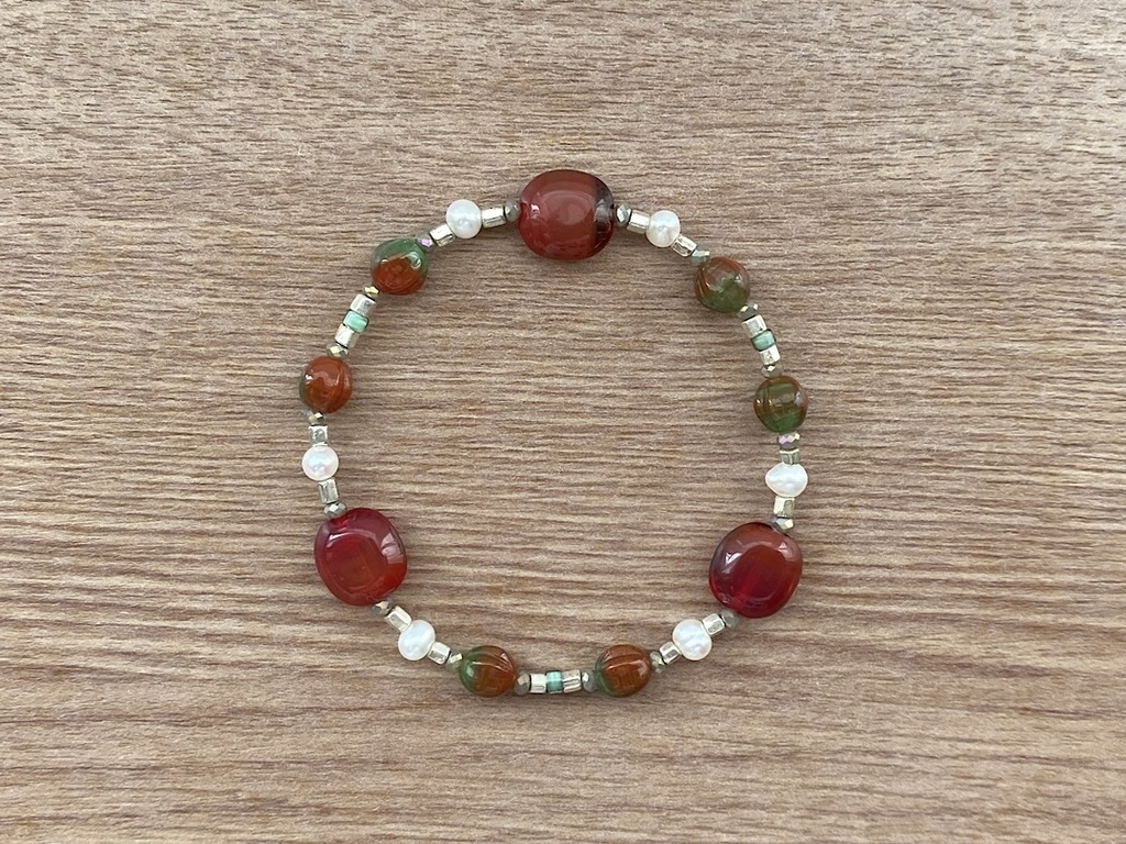 ビーズブレスレット No.138 レッドブラウン ヴィンテージビーズ シルバー パール オータムカラー