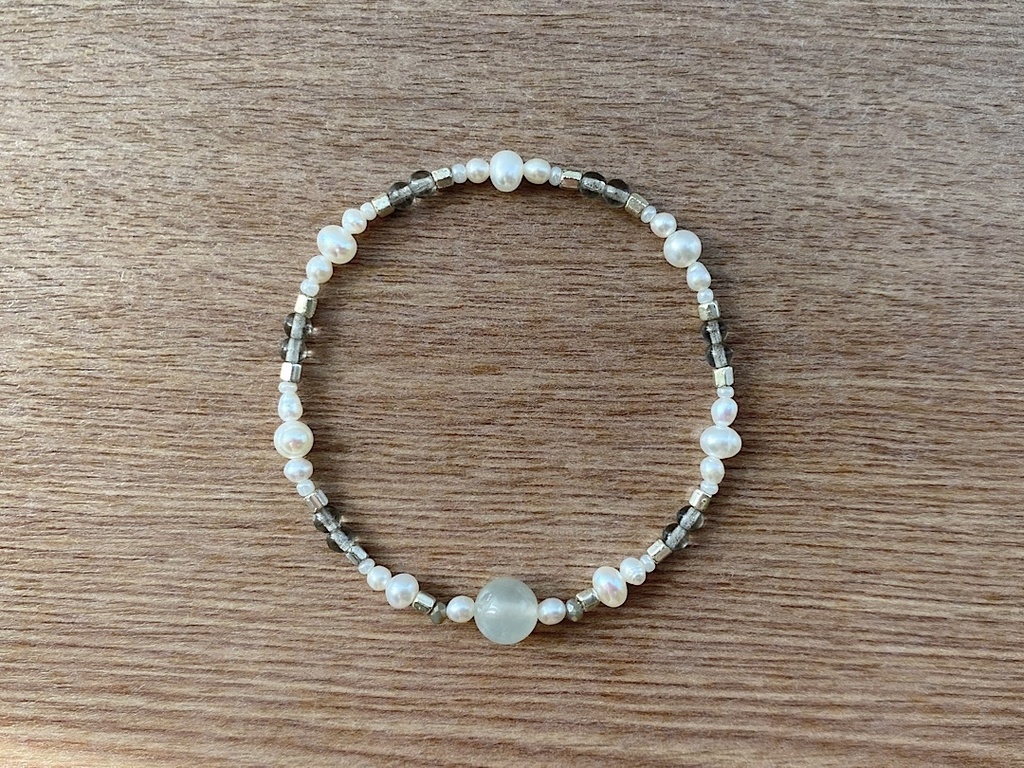 ビーズブレスレット No.139 グリーン ムーンストーン 天然石 ヴィンテージビーズ シルバー グレー