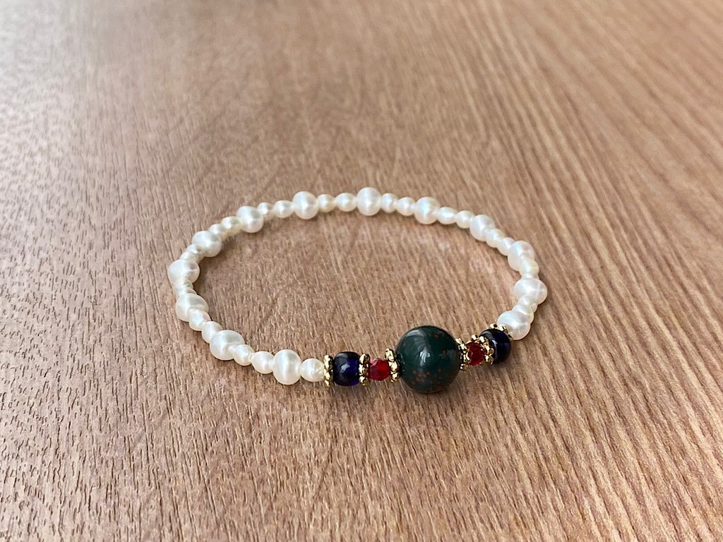 ビーズブレスレット No.141 ブラッドストーン 天然石 パール ヴィンテージビーズ