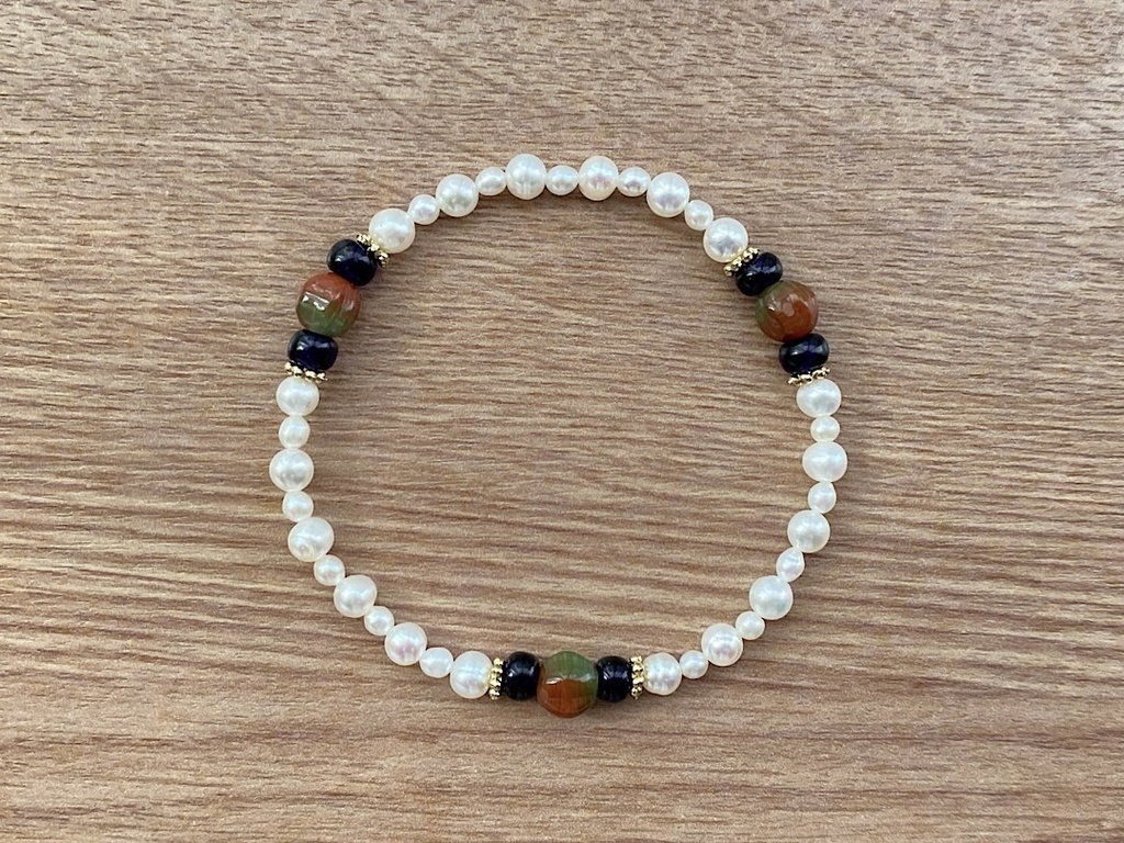 ビーズブレスレット No.143 ブラウン&グリーン ヴィンテージ パール