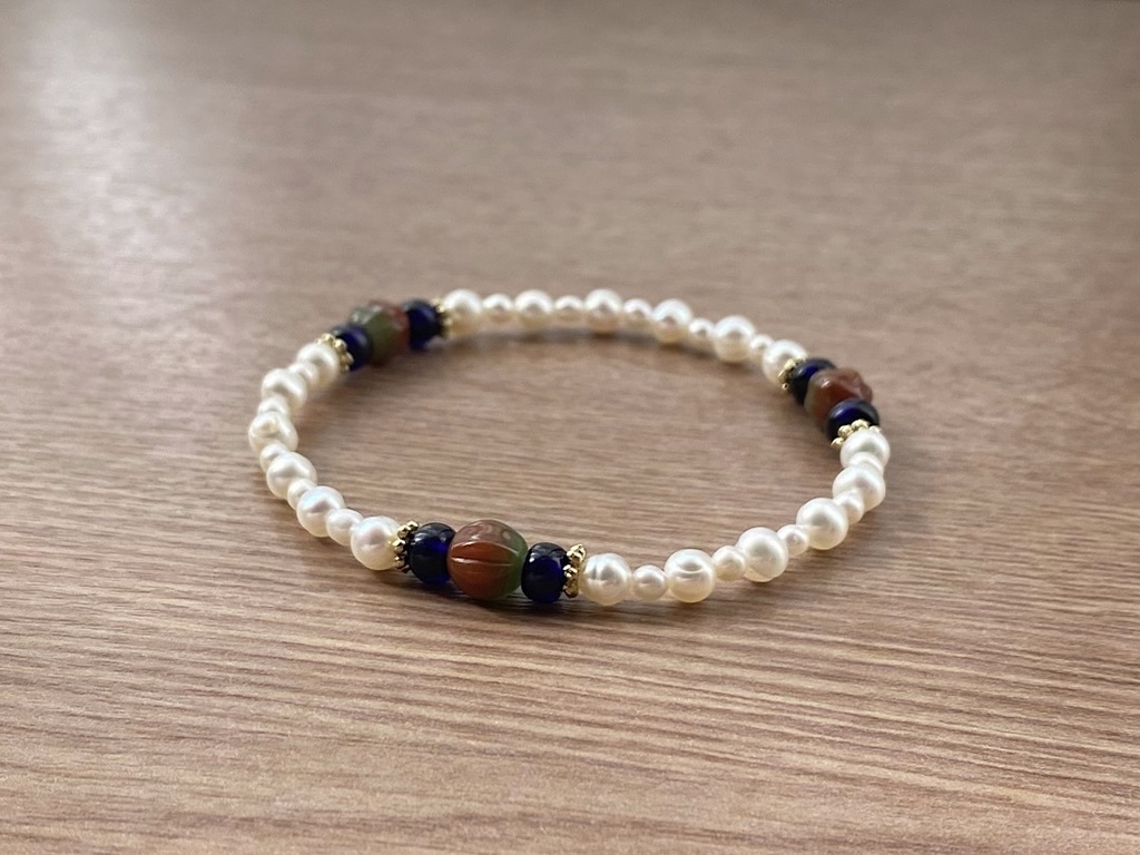 ビーズブレスレット No.143 ブラウン&グリーン ヴィンテージ パール