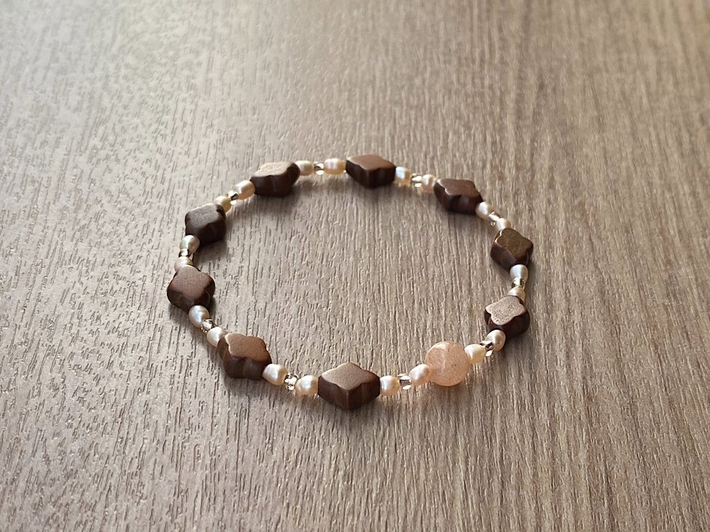 ビーズブレスレット No.146 オレンジムーンストーン 天然石 ヴィンテージ ウッドビーズ パール