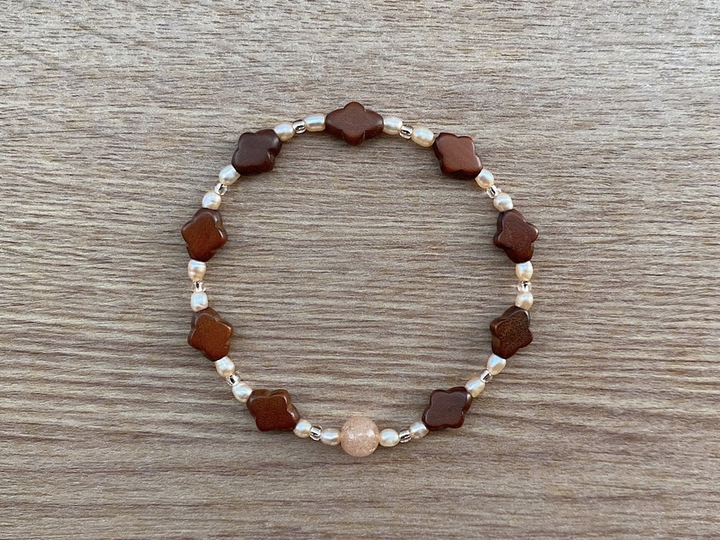 ビーズブレスレット No.146 オレンジムーンストーン 天然石 ヴィンテージ ウッドビーズ パール