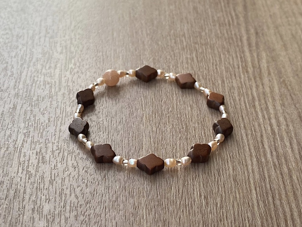 ビーズブレスレット No.146 オレンジムーンストーン 天然石 ヴィンテージ ウッドビーズ パール