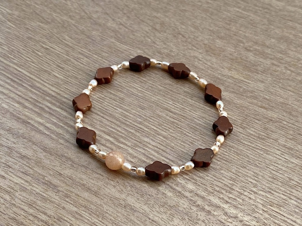 ビーズブレスレット No.146 オレンジムーンストーン 天然石 ヴィンテージ ウッドビーズ パール