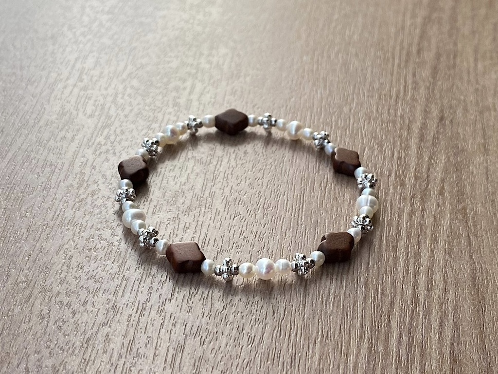 ビーズブレスレット No.147 ヴィンテージ ウッドビーズ パール