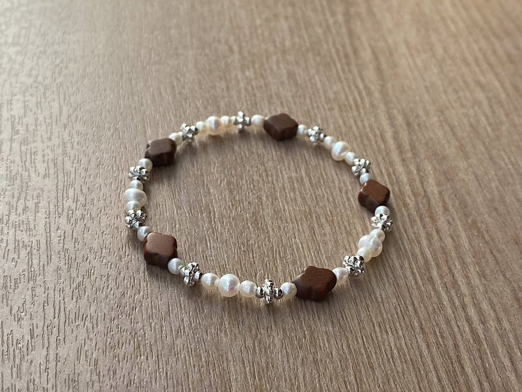 ビーズブレスレット No.147 ヴィンテージ ウッドビーズ パール