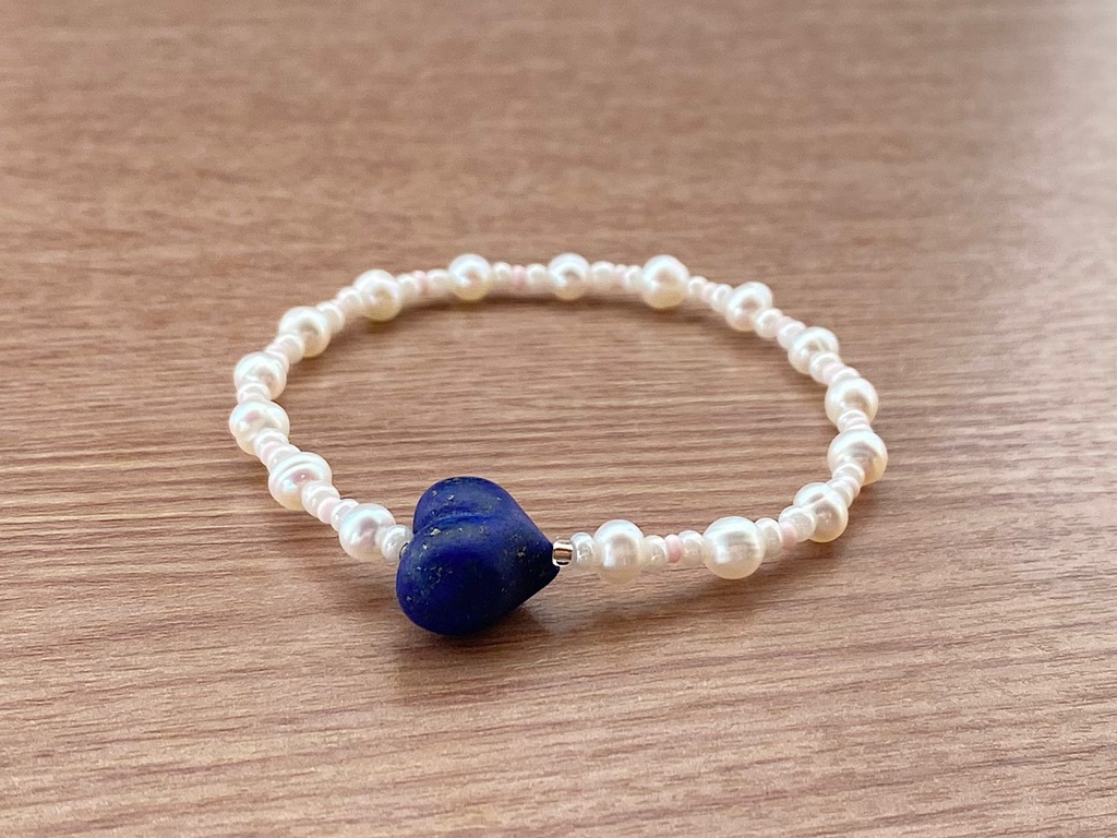 ラピスラズリ ハート & パール ブレスレット