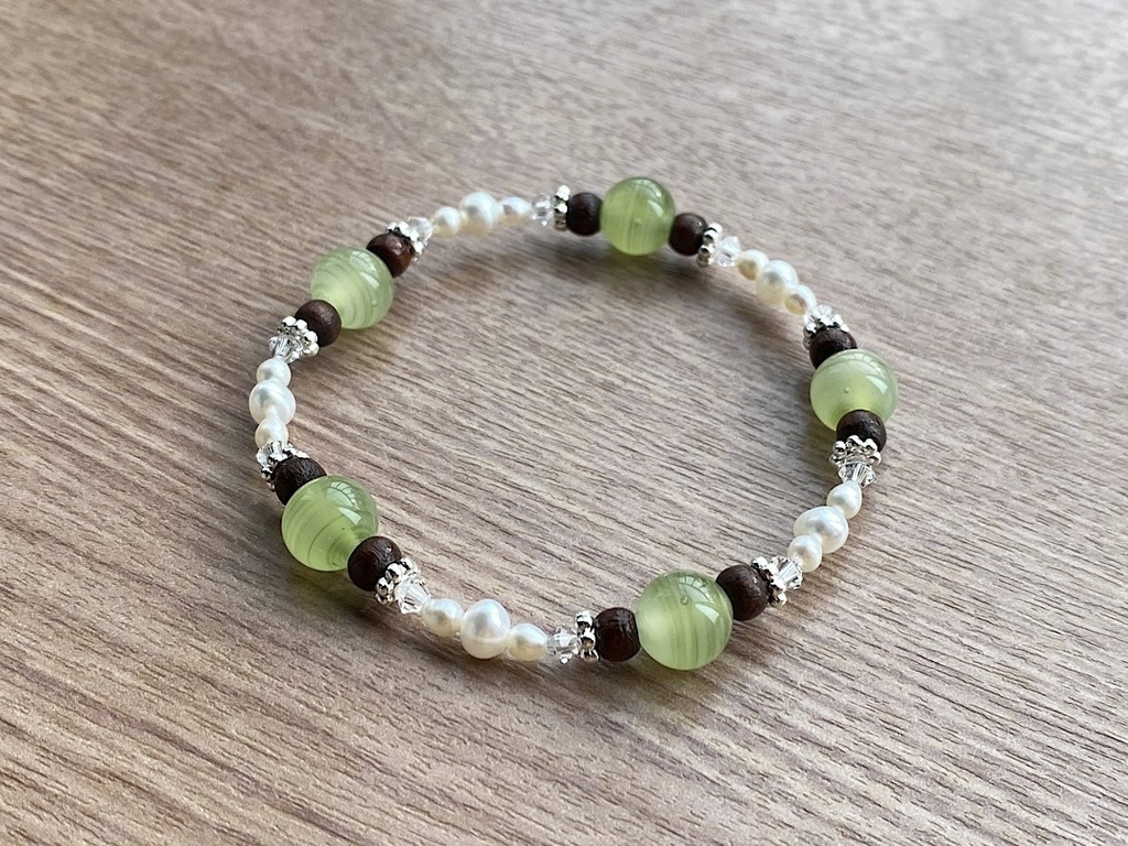 ヴィンテージ オリーブ & ウッド & パール ブレスレット