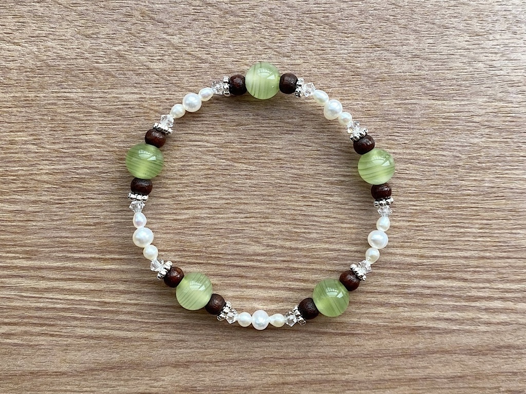 ヴィンテージ オリーブ & ウッド & パール ブレスレット