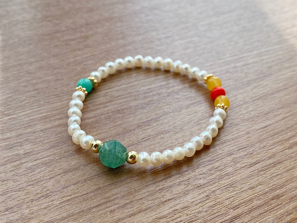 グリーンアベンチュリン & パール ヴィンテージ カラービーズ ブレスレット