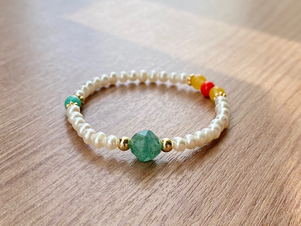 グリーンアベンチュリン & パール ヴィンテージ カラービーズ ブレスレット